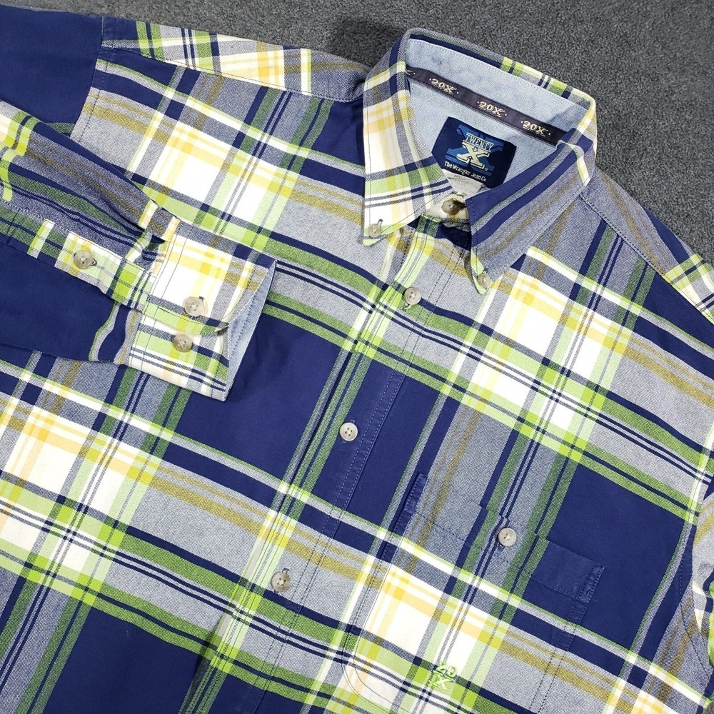 Wrangler Twenty X Western Shirt Mens Medium Blue Plaid Long Sleeve Button Down - Picture 2 of 10